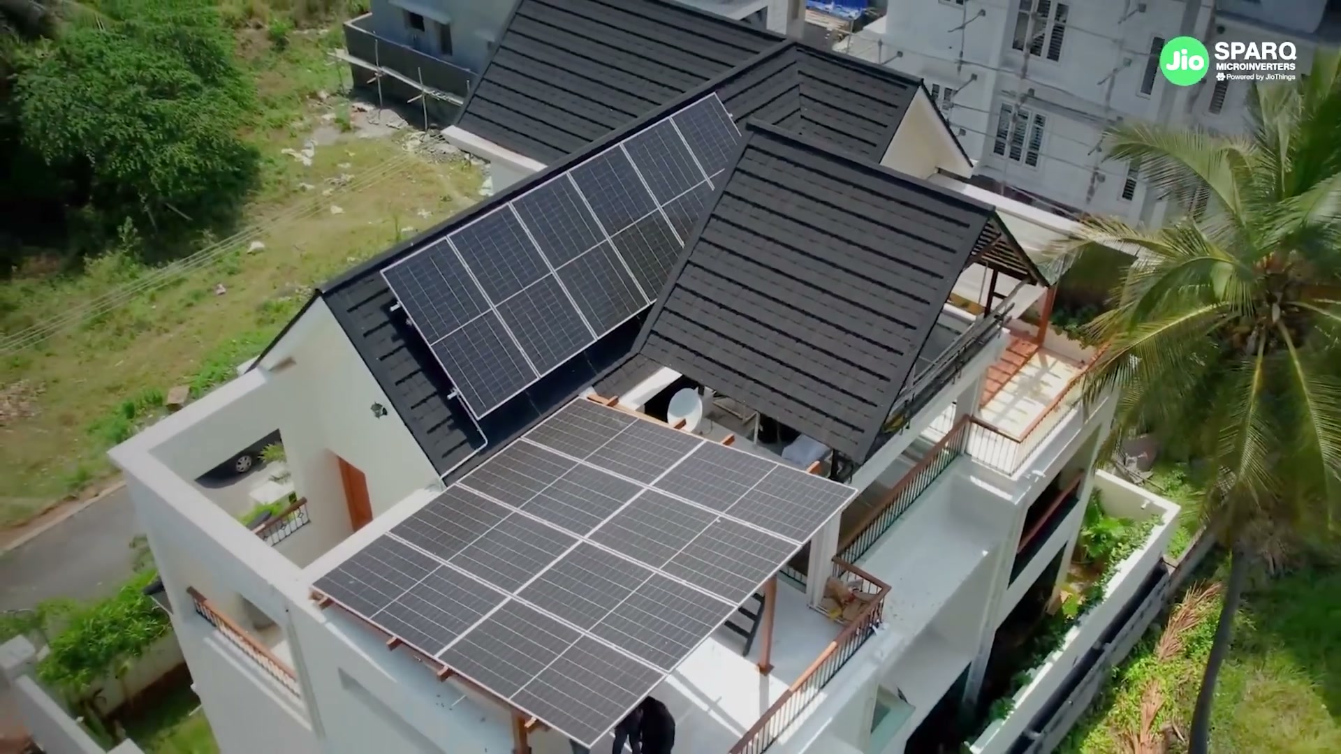 A rooftop solar array on a house, seen from above